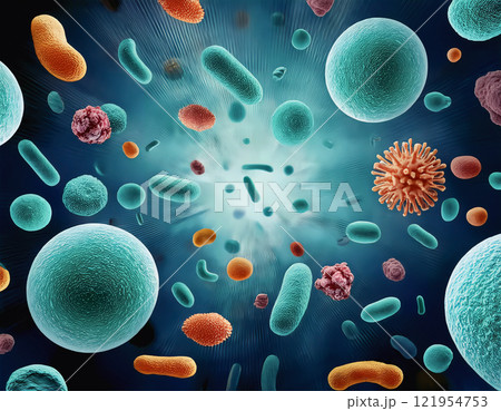 Microscopic view of viruses and bacteria as a background for scientific, medical, and educational projects, ideal for illustrating microbiology, infections, health concepts, and laboratory research 121954753