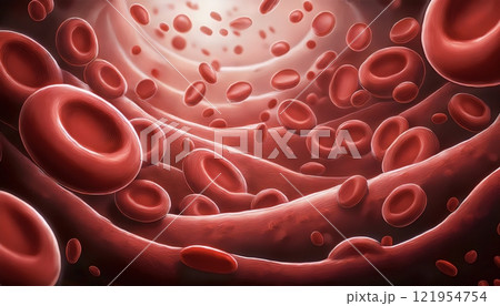 Visualization of red blood cells flowing through the bloodstream as a vibrant and detailed background for medical, scientific, and educational projects focusing on health, circulation, and biology 121954754