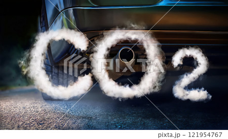 Smoke from a car exhaust forming the word CO2, symbolizing carbon emissions and their impact on air pollution, climate change, and the urgent need for cleaner, sustainable transportation solutions Smoke from a car exhaust forming the word CO2, symbolizing carbon emissions and their impact on air pollution, climate change, and the urgent need for cleaner, sustainable transportation solutions 121954767