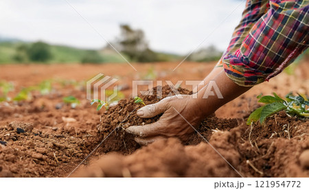A farmer kneeling and holding soil, symbolizing the vital connection between humans and the land, the importance of sustainable agriculture, and the need for soil preservation and environmental A farmer kneeling and holding soil, symbolizing the vital connection between humans and the land, the importance of sustainable agriculture, and the need for soil preservation and environmental 121954772