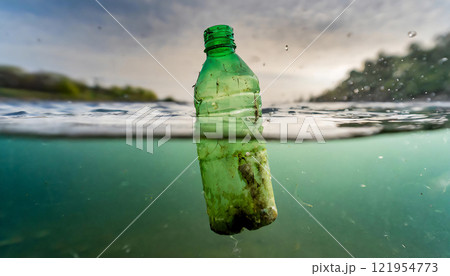 Plastic bottle floating on a river, symbolizing water pollution, environmental damage, and the urgent need for sustainable solutions and conservation efforts Plastic bottle floating on a river, symbolizing water pollution, environmental damage, and the urgent need for sustainable solutions and conservation efforts 121954773
