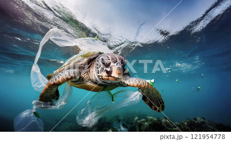 A sea turtle entangled in plastic waste, surrounded by polluted, murky waters, highlighting the devastating impact of ocean pollution on marine life and the urgent need for conservation and action A sea turtle entangled in plastic waste, surrounded by polluted, murky waters, highlighting the devastating impact of ocean pollution on marine life and the urgent need for conservation and action 121954778