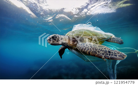 A sea turtle entangled in plastic waste, surrounded by polluted, murky waters, highlighting the devastating impact of ocean pollution on marine life and the urgent need for conservation and action A sea turtle entangled in plastic waste, surrounded by polluted, murky waters, highlighting the devastating impact of ocean pollution on marine life and the urgent need for conservation and action 121954779
