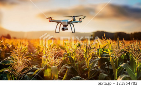 A drone flying over a cornfield, illustrating the integration of advanced technology in agriculture for improved crop management and sustainable farming practices A drone flying over a cornfield, illustrating the integration of advanced technology in agriculture for improved crop management and sustainable farming practices 121954782