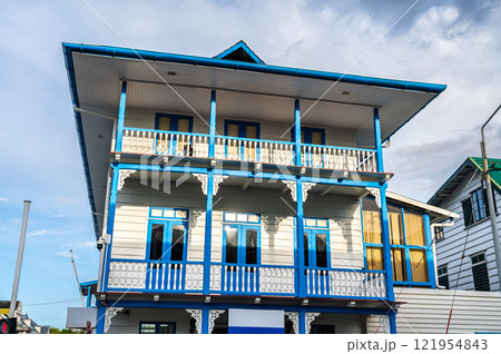 Traditional houses in the historic center of Paramaribo, UNESCO world heritage in Suriname, South America Traditional houses in the historic center of Paramaribo, UNESCO world heritage in Suriname, South America 121954843