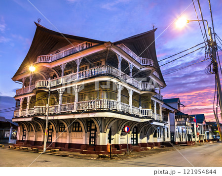 Architecture of Historic Inner City of Paramaribo at sunset, UNESCO world heritage in Suriname Architecture of Historic Inner City of Paramaribo at sunset, UNESCO world heritage in Suriname 121954844