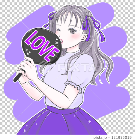 Young woman holding a LOVE fan and enjoying her favorite idol, purple background Young woman holding a LOVE fan and enjoying her favorite idol, purple background 121955019