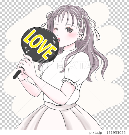A young woman enjoying her favorite idol activities while holding a LOVE fan (white background) 121955023