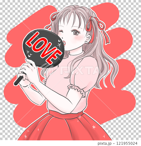 LOVEのうちわを持って推し活を楽しむ若い女性レッド背景有 LOVEのうちわを持って推し活を楽しむ若い女性レッド背景有 121955024
