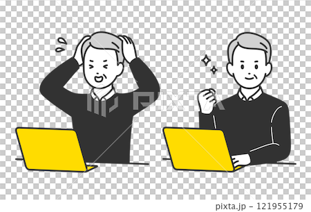 一群老人和老人一邊看電腦一邊緊張地握拳[人物向量圖素材] 121955179