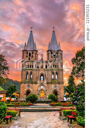 Minor Basilica of the Immaculate Conception in Jardin, Colombia with a dramatic sunrise sky 121955231