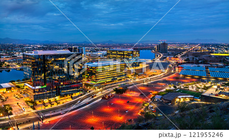 Aerial view of Tempe waterfront at sunset near Phoenix, Arizona 121955246