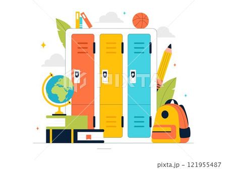 School Locker Room Vector Illustration Featuring Neatly Organized Student Storage with Books, School Supplies, Personal Items, and Accessories 121955487