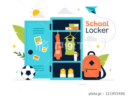 School Locker Room Vector Illustration Featuring Neatly Organized Student Storage with Books, School Supplies, Personal Items, and Accessories 121955488