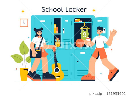 School Locker Room Vector Illustration Featuring Neatly Organized Student Storage with Books, School Supplies, Personal Items, and Accessories 121955492