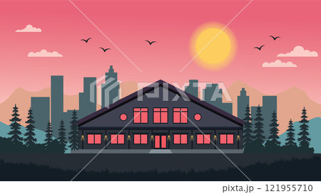 Hotel Home House Building Landscape with Cityscape and Sun in the Morning 121955710