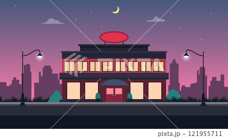 Hotel Apartment Building Landscape with Cityscape and Crescent Moon in the Evening Hotel Apartment Building Landscape with Cityscape and Crescent Moon in the Evening 121955711