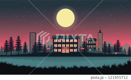 Hotel Apartment Building Landscape with Cityscape and Full Moon in the Evening Hotel Apartment Building Landscape with Cityscape and Full Moon in the Evening 121955712