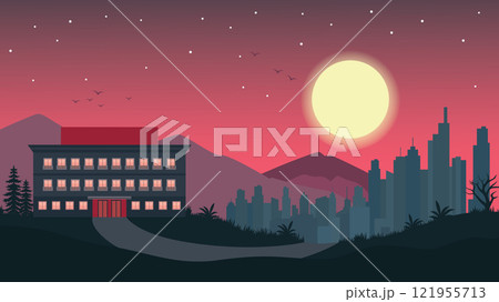 Hotel Apartment Building Landscape with Cityscape and Full Moon in the Evening 121955713