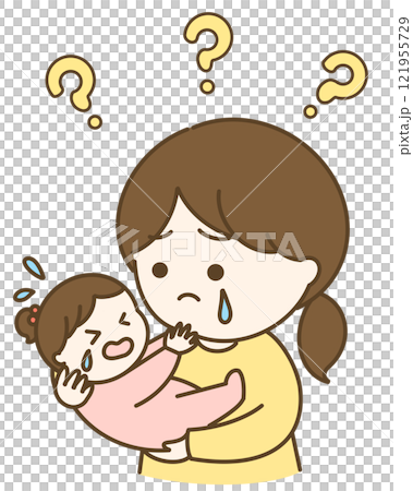A cute illustration of a crying mother with her hair tied up and her baby 121955729