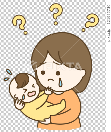 Cute illustration of a mother and baby crying with a question mark Cute illustration of a mother and baby crying with a question mark 121955730
