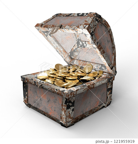 Rustic Treasure Chest Filled with Shiny Golden Coins on White Background 121955919