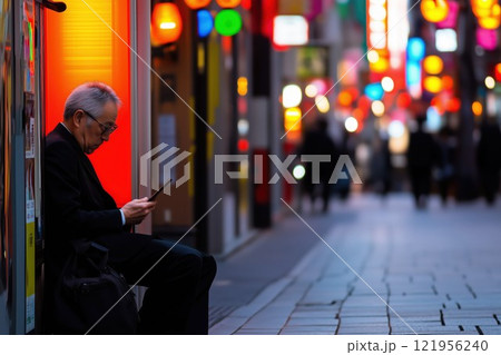 夜の繁華街でスマホを見る日本人サラリーマン 121956240