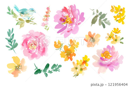 水彩で描いたピンクの芍薬と草花、青い鳥のイラストセット。手描きの草花のイラスト。 水彩で描いたピンクの芍薬と草花、青い鳥のイラストセット。手描きの草花のイラスト。 121956404