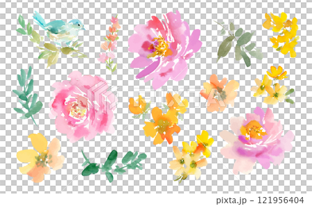 水彩で描いたピンクの芍薬と草花、青い鳥のイラストセット。手描きの草花のイラスト。 水彩で描いたピンクの芍薬と草花、青い鳥のイラストセット。手描きの草花のイラスト。 121956404