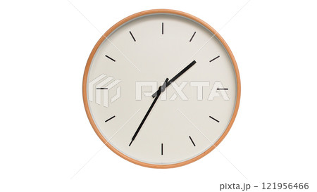 Isolated on white background Minimalist style wooden wall clock, showing time at 13.35/01.35 - Perfect for Time Management and Scheduling Concepts Isolated on white background Minimalist style wooden wall clock, showing time at 13.35/01.35 - Perfect for Time Management and Scheduling Concepts 121956466