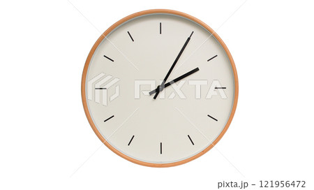 Isolated on white background Minimalist style wooden wall clock, showing time at 14.05/02.05 - Perfect for Time Management and Scheduling Concepts 121956472
