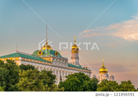 Grand Kremlin Palace. Ivan the Great Bell Tower on a summer day. Attractions of Russia. Panorama of Moscow. The capital of Russia on a summer day. Grand Kremlin Palace. Ivan the Great Bell Tower on a summer day. Attractions of Russia. Panorama of Moscow. The capital of Russia on a summer day. 121956591