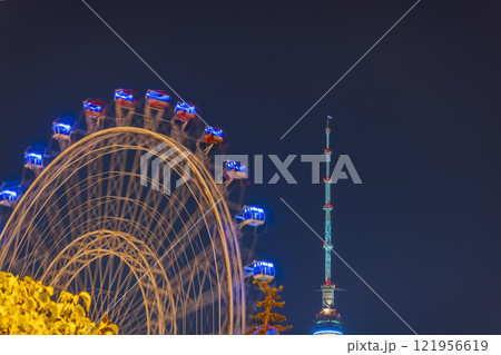 View of the 'Sun of Moscow' Ferris wheel located in VDNKh park in Moscow 121956619