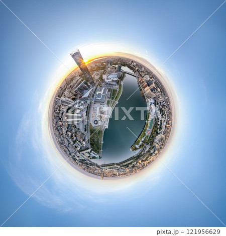 Yekaterinburg city with Buildings of Regional Government and Parliament, Dramatic Theatre, Iset Tower, Yeltsin Center, Aerial View. Little planet sphere mode 121956629