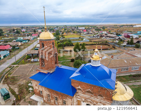 Summer aerial view oh the Temple in the village of Nekrasovo Summer aerial view oh the Temple in the village of Nekrasovo 121956641