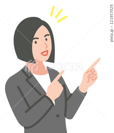 スーツを着た笑顔の女性が指を指しているイラスト 121957029