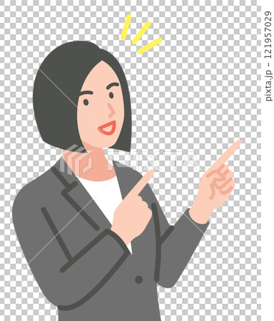 スーツを着た笑顔の女性が指を指しているイラスト 121957029