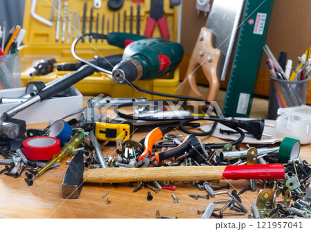 Image of hand tools for repairing on wooden surface Image of hand tools for repairing on wooden surface 121957041