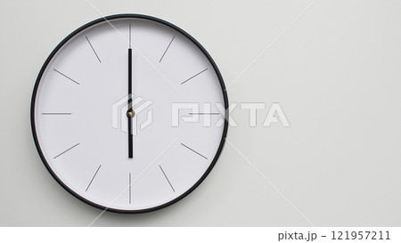 Wall Clock Showing 18.00/06.00 O'Clock on White Wooden Surface - Perfect for Time Management and Scheduling Concepts Wall Clock Showing 18.00/06.00 O'Clock on White Wooden Surface - Perfect for Time Management and Scheduling Concepts 121957211