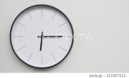Wall Clock Showing 18.15/06.15 O'Clock on White Wooden Surface - Perfect for Time Management and Scheduling Concepts Wall Clock Showing 18.15/06.15 O'Clock on White Wooden Surface - Perfect for Time Management and Scheduling Concepts 121957212