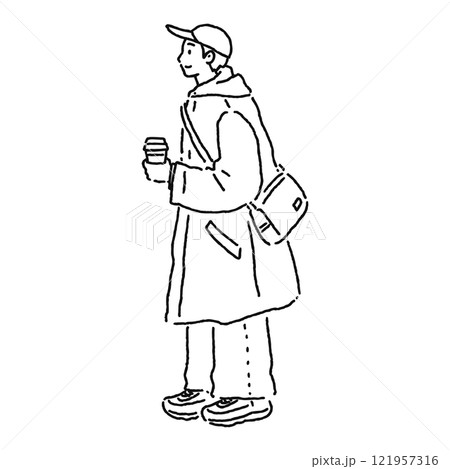 テイクアウトのコーヒーを持つ男性　横顔　線画 121957316