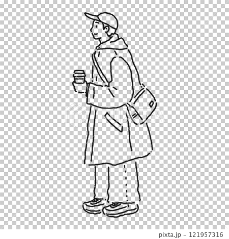 テイクアウトのコーヒーを持つ男性　横顔　線画 121957316