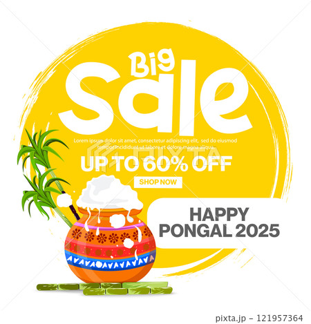 Vector illustration of 60% off Pongal Big Sale banner design with festive elements. 121957364