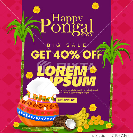 40% Off Pongal celebration sale banner with pots and sugarcane, vector illustration 40% Off Pongal celebration sale banner with pots and sugarcane, vector illustration 121957369