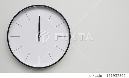 Wall Clock Showing 12.00/06.00 O'Clock on White Wooden Surface - Perfect for Time Management and Scheduling Concepts 121957863