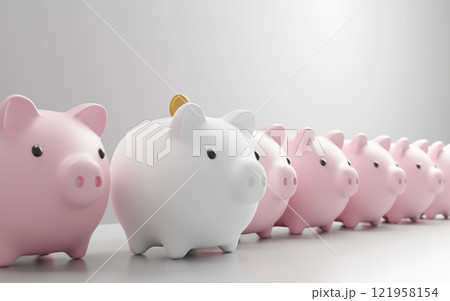 Successful savings money concept design of white piggy bank with gold coin are different from pink piggy bank 3D render 121958154