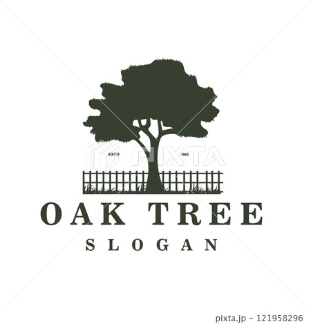 Oak Tree Silhouette Logo with Wooden Fence Logo is suitable for Brands that prioritize Tradition, Nature, and Resilience Values. Oak Tree Silhouette Logo with Wooden Fence Logo is suitable for Brands that prioritize Tradition, Nature, and Resilience Values. 121958296