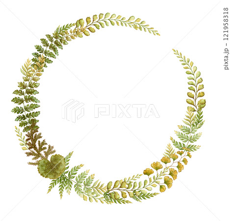 Round wreath with fern leaves botanical card template in earth tone. Hand drawn watercolor elegant floral frame. Perfect for the use of ecological material and sustainable designs. Round wreath with fern leaves botanical card template in earth tone. Hand drawn watercolor elegant floral frame. Perfect for the use of ecological material and sustainable designs. 121958318
