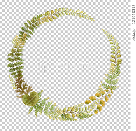 Round wreath with fern leaves botanical card template in earth tone. Hand drawn watercolor elegant floral frame. Perfect for the use of ecological material and sustainable designs. 121958318