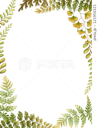 Vertical card frame template with fern leaf botanical illustration in the earth tone. Hand drawn watercolor floral border. Perfect for the use of ecological material and modern designs. Vertical card frame template with fern leaf botanical illustration in the earth tone. Hand drawn watercolor floral border. Perfect for the use of ecological material and modern designs. 121958321